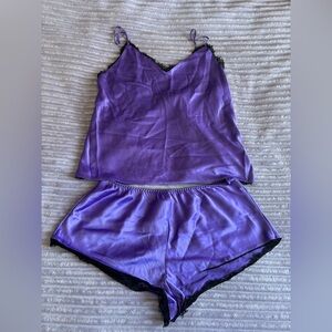 Victoria Secret💜Purple Satin Lace Trim Pajama 2 Piece Loungewear Set